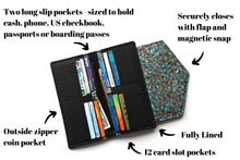 Load image into Gallery viewer, slim wallet for women, vegan teal fabric long wallet, phone wallet clutch, holds lots of cards and checkbook cover, zipper change pocket,