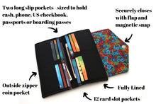 Load image into Gallery viewer, womens long wallet, fun colorful fabric organizer wallet for women, handmade slim wallet, phone wallet clutch, vegan card holder wallet