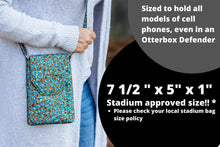 Load image into Gallery viewer, cell phone pouch, mobile phone bag, teal brown fabric cell phone purse crossbody phone case, small cross body purse, grab n go bag vegan