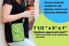Load image into Gallery viewer, cell phone crossbody bag for women, green fabric vegan phone bag, mini messenger bag, grab and go bag for everyday carry small essentials