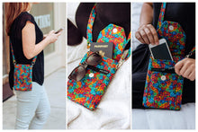 Load image into Gallery viewer, cell phone crossbody bag, smartphone pouch, mobile phone pouch, small shoulder bag, colorful swirl fabric, vegan cell phone wallet purse