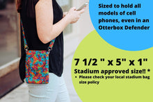 Load image into Gallery viewer, cell phone crossbody bag, smartphone pouch, mobile phone pouch, small shoulder bag, colorful swirl fabric, vegan cell phone wallet purse