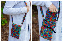 Load image into Gallery viewer, cell phone crossbody bag, smartphone pouch, mobile phone pouch, small shoulder bag, colorful swirl fabric, vegan cell phone wallet purse