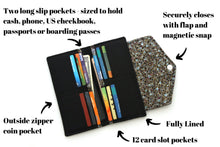 Load image into Gallery viewer, vegan wallet for women for cards money and phone, fabric checkbook cover wallet with coin pocket, long wallet for lots of cards, slim bifold