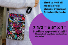 Load image into Gallery viewer, small crossbody bag, Day of the Dead Calavera girl phone bag, sugar skulls cell phone purse, skull crossbody phone case with pockets for edc