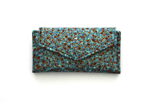Load image into Gallery viewer, slim wallet for women, vegan teal fabric long wallet, phone wallet clutch, holds lots of cards and checkbook cover, zipper change pocket,