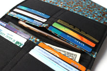 Load image into Gallery viewer, slim wallet for women, vegan teal fabric long wallet, phone wallet clutch, holds lots of cards and checkbook cover, zipper change pocket,