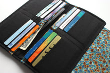 Load image into Gallery viewer, slim wallet for women, vegan teal fabric long wallet, phone wallet clutch, holds lots of cards and checkbook cover, zipper change pocket,