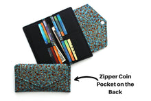 Load image into Gallery viewer, slim wallet for women, vegan teal fabric long wallet, phone wallet clutch, holds lots of cards and checkbook cover, zipper change pocket,