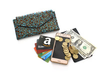 Load image into Gallery viewer, slim wallet for women, vegan teal fabric long wallet, phone wallet clutch, holds lots of cards and checkbook cover, zipper change pocket,