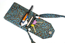 Load image into Gallery viewer, cell phone pouch, mobile phone bag, teal brown fabric cell phone purse crossbody phone case, small cross body purse, grab n go bag vegan