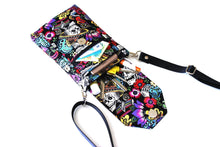 Load image into Gallery viewer, small crossbody bag, Day of the Dead Calavera girl phone bag, sugar skulls cell phone purse, skull crossbody phone case with pockets for edc