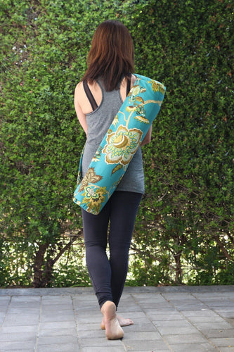 Handmade Yoga mat bag with zipper, teal floral yoga mat carrier, yoga mat holder for women, yoga tote, gift for yoga lover, yogi gift