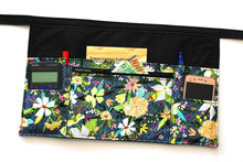 Load image into Gallery viewer, Teacher apron with pockets, waitress apron, server apron, half apron with zipper pocket, 6 pocket apron, waist apron blue floral money apron