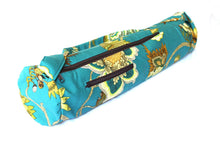 Load image into Gallery viewer, Handmade Yoga mat bag with zipper, teal floral yoga mat carrier, yoga mat holder for women, yoga tote, gift for yoga lover, yogi gift
