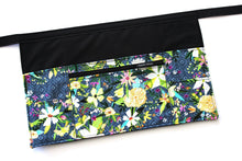 Load image into Gallery viewer, Teacher apron with pockets, waitress apron, server apron, half apron with zipper pocket, 6 pocket apron, waist apron blue floral money apron