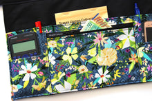 Load image into Gallery viewer, Teacher apron with pockets, waitress apron, server apron, half apron with zipper pocket, 6 pocket apron, waist apron blue floral money apron