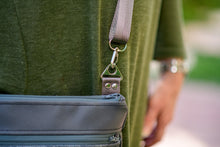Load image into Gallery viewer, Gray vegan purse crossbody bag / shoulder bag, adjustable strap, lots of pockets, medium mid sized, zipper closure, gray vegan leather