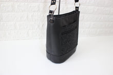 Load image into Gallery viewer, Black vegan leather bucket bag for women, faux leather cross body purse handbag lots of pockets, zipper, fabric cross over bag crossbody