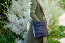 Load image into Gallery viewer, Black vegan leather bucket bag for women, faux leather cross body purse handbag lots of pockets, zipper, fabric cross over bag crossbody