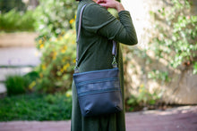 Load image into Gallery viewer, Gray vegan purse crossbody bag / shoulder bag, adjustable strap, lots of pockets, medium mid sized, zipper closure, gray vegan leather