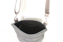 Load image into Gallery viewer, Gray vegan purse crossbody bag / shoulder bag, adjustable strap, lots of pockets, medium mid sized, zipper closure, gray vegan leather