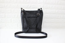 Load image into Gallery viewer, Black vegan leather bucket bag for women, faux leather cross body purse handbag lots of pockets, zipper, fabric cross over bag crossbody