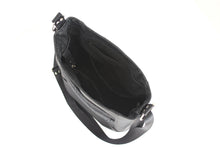 Load image into Gallery viewer, Black vegan leather bucket bag for women, faux leather cross body purse handbag lots of pockets, zipper, fabric cross over bag crossbody