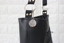 Load image into Gallery viewer, Black vegan leather bucket bag for women, faux leather cross body purse handbag lots of pockets, zipper, fabric cross over bag crossbody