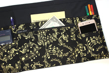 Load image into Gallery viewer, Teacher apron with pockets for music teacher gift, half apron with zipper pocket for event planner musical theatre, sheet music notes
