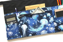 Load image into Gallery viewer, Teacher apron with pockets, waitress apron, server apron, utility apron with zipper pocket, Jellyfish, Sea, Ocean, Nautical waist apron