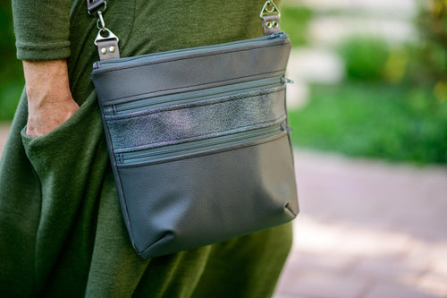 Gray vegan purse crossbody bag / shoulder bag, adjustable strap, lots of pockets, medium mid sized, zipper closure, gray vegan leather