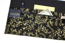 Load image into Gallery viewer, Teacher apron with pockets for music teacher gift, half apron with zipper pocket for event planner musical theatre, sheet music notes