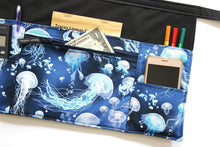 Load image into Gallery viewer, Teacher apron with pockets, waitress apron, server apron, utility apron with zipper pocket, Jellyfish, Sea, Ocean, Nautical waist apron