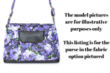 Load image into Gallery viewer, Purple floral fabric crossbody bag for women, womens adjustable cross body purse / crossover / shoulder bag, handbag, birthday gift for mom