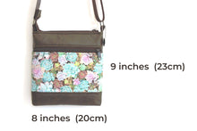 Load image into Gallery viewer, Small crossbody bag for women, brown faux suede and succulent fabric purse with phone pocket, succulent gift idea for plant lover gardener
