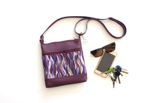 Load image into Gallery viewer, Purple vegan leather small crossbody bag for women, faux non leather and purple wave fabric, everyday casual crossover double zipper purse