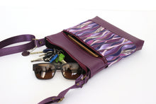 Load image into Gallery viewer, Purple vegan leather small crossbody bag for women, faux non leather and purple wave fabric, everyday casual crossover double zipper purse