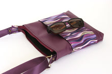 Load image into Gallery viewer, Purple vegan leather small crossbody bag for women, faux non leather and purple wave fabric, everyday casual crossover double zipper purse