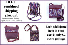 Load image into Gallery viewer, Purple vegan leather small crossbody bag for women, faux non leather and purple wave fabric, everyday casual crossover double zipper purse