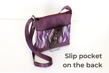 Load image into Gallery viewer, Purple vegan leather small crossbody bag for women, faux non leather and purple wave fabric, everyday casual crossover double zipper purse