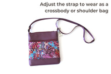 Load image into Gallery viewer, Purple vegan leather small crossbody purse for women, faux non leather and purple wave fabric bag, everyday casual crossover zip top purse
