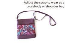 Load image into Gallery viewer, Purple vegan leather small crossbody purse for women, faux non leather and purple wave fabric bag, everyday casual crossover zip top purse