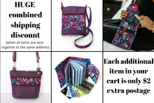 Load image into Gallery viewer, Purple vegan leather small crossbody purse for women, faux non leather and purple wave fabric bag, everyday casual crossover zip top purse