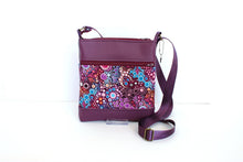 Load image into Gallery viewer, Purple vegan leather small crossbody purse for women, faux non leather and purple wave fabric bag, everyday casual crossover zip top purse