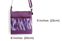 Load image into Gallery viewer, Purple vegan leather small crossbody bag for women, faux non leather and purple wave fabric, everyday casual crossover double zipper purse