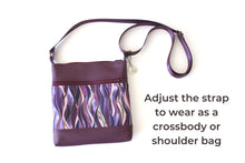 Load image into Gallery viewer, Purple vegan leather small crossbody bag for women, faux non leather and purple wave fabric, everyday casual crossover double zipper purse