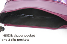 Load image into Gallery viewer, Purple vegan leather small crossbody bag for women, faux non leather and purple wave fabric, everyday casual crossover double zipper purse