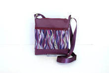 Load image into Gallery viewer, Purple vegan leather small crossbody bag for women, faux non leather and purple wave fabric, everyday casual crossover double zipper purse
