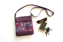 Load image into Gallery viewer, Purple vegan leather small crossbody purse for women, faux non leather and purple wave fabric bag, everyday casual crossover zip top purse